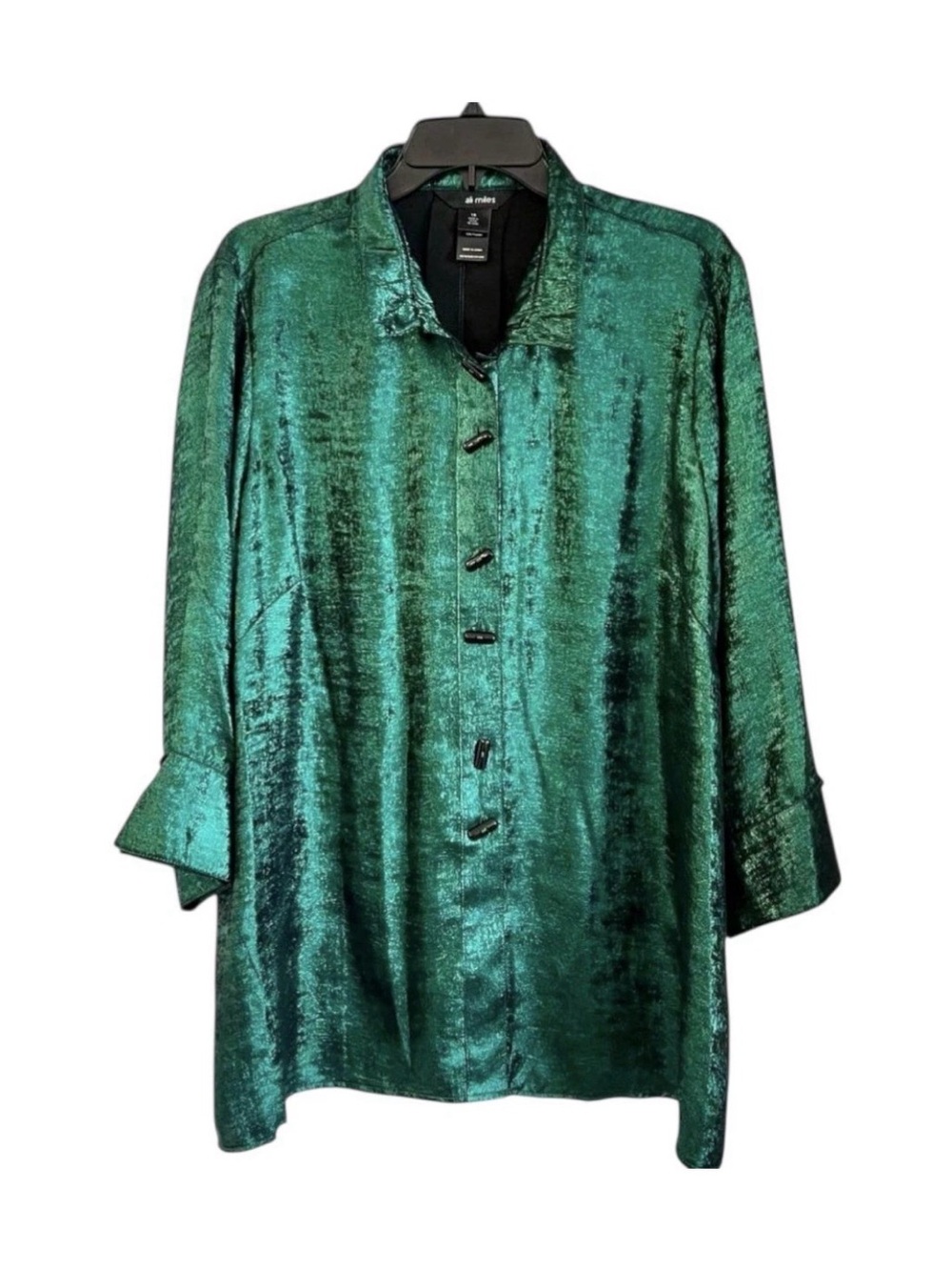 Ali Miles plus Size 3X Green Shimmer Black Buttons Blouse Top  3/4 Sleeves NWT